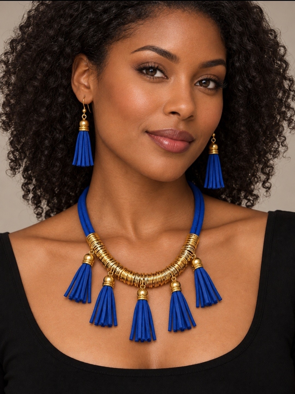Gold and Royal Blue Tassel Necklace with Matching Earrings